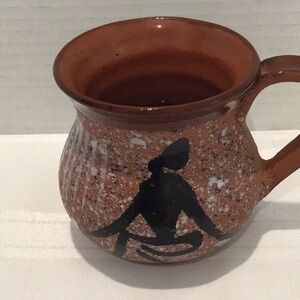 Vintage terra cotta clay mug folk art speckled glaze hand painted